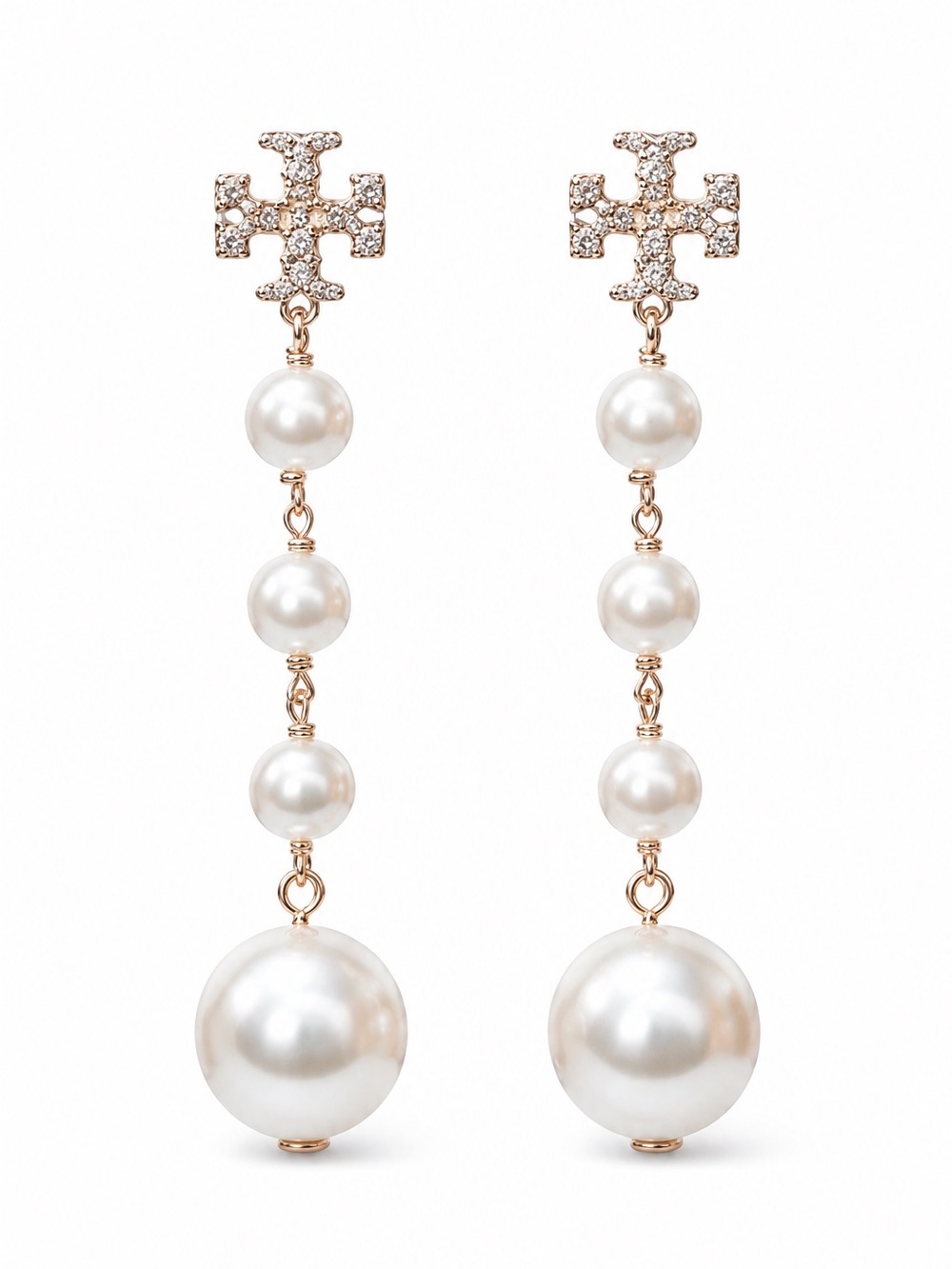Tory Burch Crystal Double-T Logo Pearl Drop Earrings Gold Tone